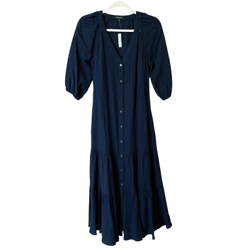 Madewell Windowpane Tiered Midi Dress Navy Blue 0 NWT Cottagecore Boho Coastal